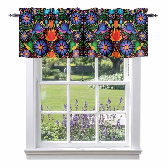 Colorful Mexican Floral Valances for Windows, Bird Rustic Assorted Flower Valance Window Treatment Rod Pocket Short Curtains Valances for Kitchen Bathroom 54"W x 18"L