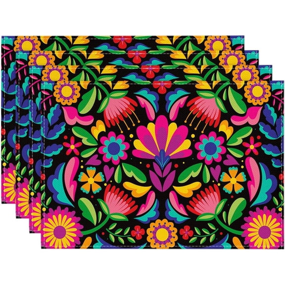 Colorful Mexican Flower Placemats Set of 4, 18x12 Inch Traditional Mexican Flower Plant Aesthetic Art Table Mats for Home Party Kitchen Dining Decor
