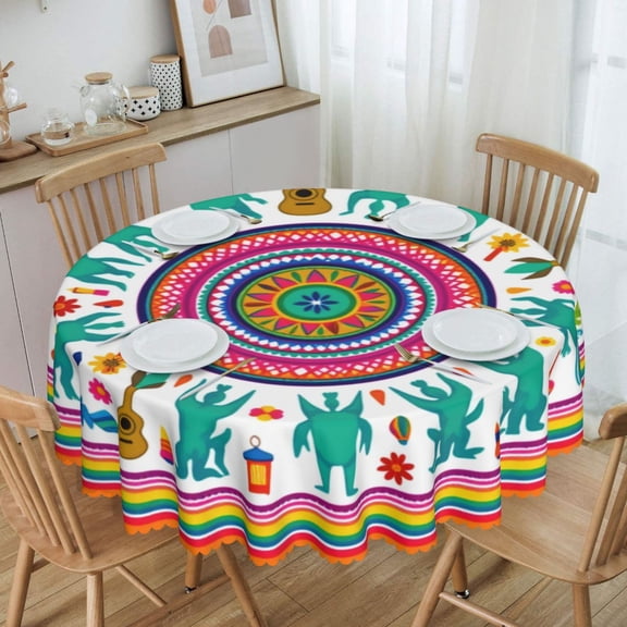Colorful Mexican Folk Circle Round Tablecloth Waterproof Oil Proof Spill Proof Table Cloth 70" for Camping, Dining, Indoor and Outdoor Table Cover