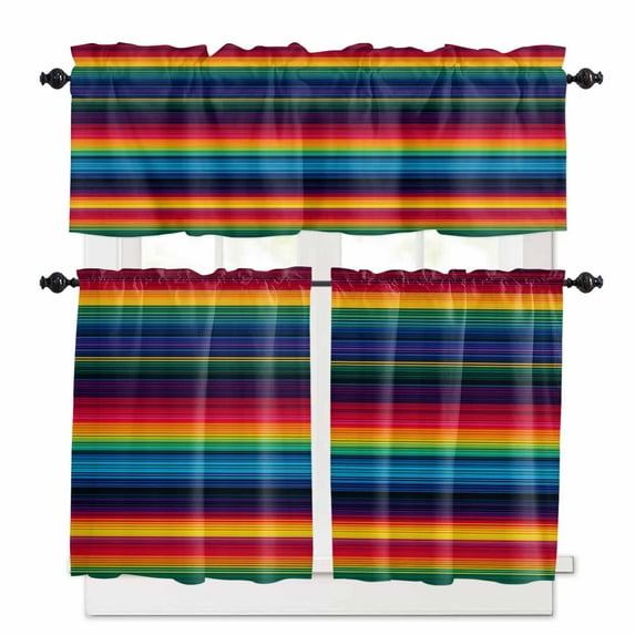 Colorful Mexican Kitchen Curtains and Valances Set, Striped Modern Horizontal Stripes Rod Pocket Window Valance 18 Inch Window Curtain Panels for Living Room Bedroom Laundry, 27.5x36in, 3 Pieces