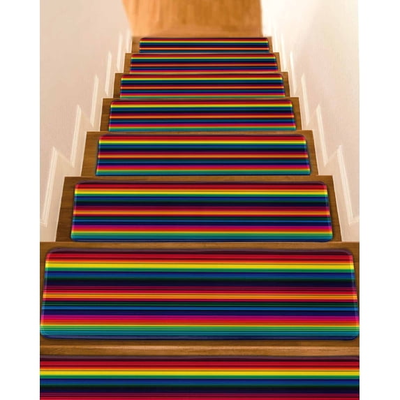 Colorful Mexican Stair Treads Non Slip for Steps Stripes Modern Horizontal Stripes 15 Pcs Reusable Adhesive Stair Runner Mats for Dogs Elders Carpet Treads Rugs for Staircase 8x30 In