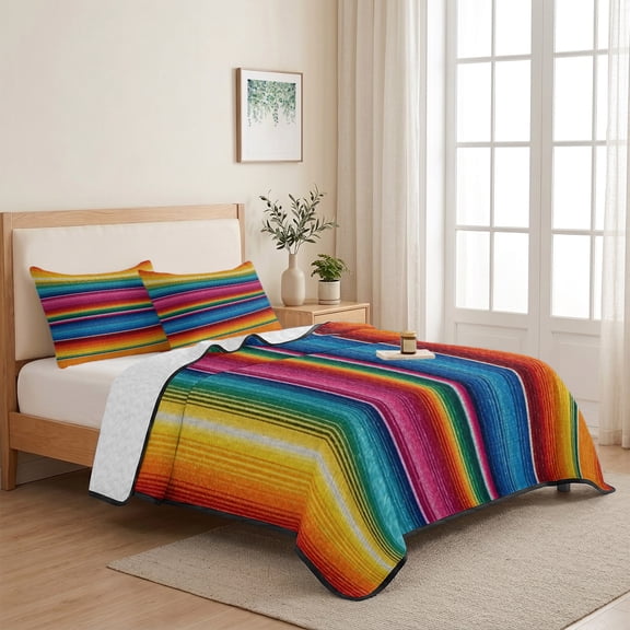 Colorful Mexican Stripe 3 Pieces Quilt Set,1 Quilt with 2 Shams,Rainbow Line Watercolor Bedspread Soft Lightweight Bedding Coverlet Comforter Set for All Season 68"x98"