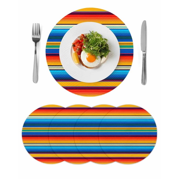 Colorful Mexican Stripes Pattern Round Table Placemats set of 4, Ethnic Style Washable Woven Place Mats for Dining Tables Kitchen Party Decor,Heat Proof, 13in,