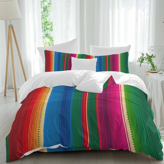 Colorful Mexican Stripes Queen Size Bed Set,Watercolor Gradient Bedding for All Seasons,4 Pcs Bed Set,1 Quiltcover(90"x92"),1 Sheet(94"x116"),2 Pillowcases(30"x20")