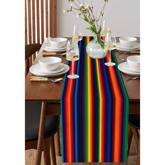 Colorful Mexican Stripes Table Runner 13x36in Non-Slip Cotton Linen Table Runners, Gradient Line Ethnic Style Dresser Scarves TableRunner for Dinner Kitchen Dining Wedding Party