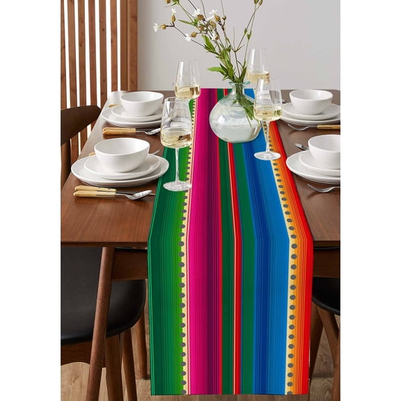 Colorful Mexican Stripes Table Runner 13x36in Non-Slip Cotton Linen Table Runners, Watercolor Gradient Dresser Scarves TableRunner for Dinner Kitchen Dining Wedding Party