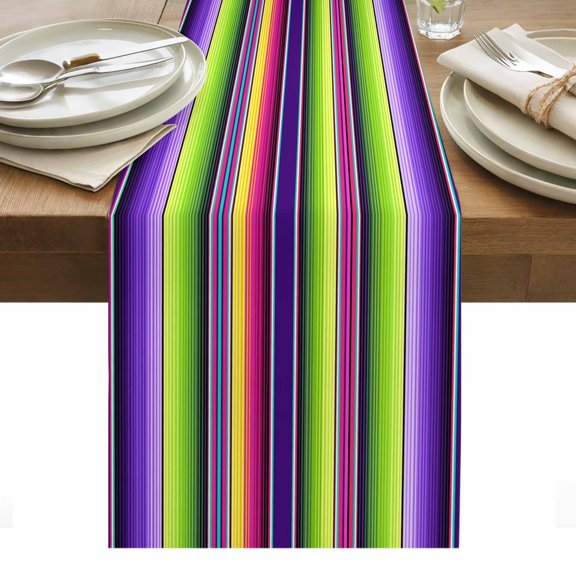Colorful Mexican Stripes Table Runner 13x48in Non-Slip Cotton Linen Table Runners, Green Purple Line Ombre Dresser Scarves TableRunner for Dinner Kitchen Dining Wedding Party
