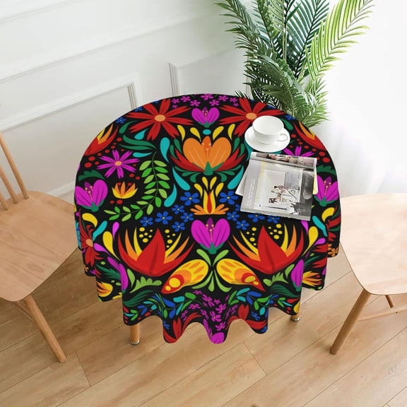 Colorful Mexican Tablecloth Round 60 Inch, Washable Polyester Table Cloth for Kitchen Party Picnic Dining Decor, Cinco de Mayo Mexican Decorations