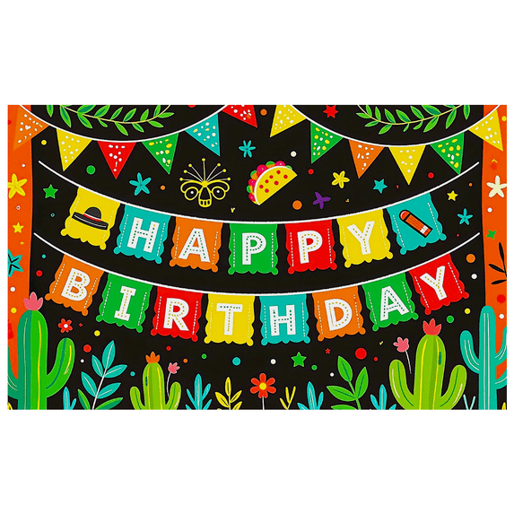 Colorful Mexican Themed Happy Birthday Banner with Cactus Sombrero Taco Elements Party Supplies Backdrop Background for Birthday Party Photography Props Decors Celebrations