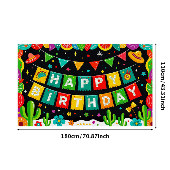 Colorful Mexican Themed Happy Birthday Banner with Cactus Sombrero Taco Elements Party Supplies Backdrop Background for Birthday Party Photography Props Decors Celebrations