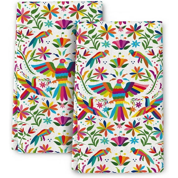 Colorful Mexican Traditional Bird Flower Kitchen Towels Decorative Set of 2, Soft Absorbent Dish Towels Boho Hand Towels for Kitchen Farmhouse Holiday Home Decorations