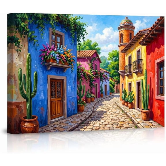 Colorful Mexican Village Street Scene Wall Art Rustic Cactus Canvas Print