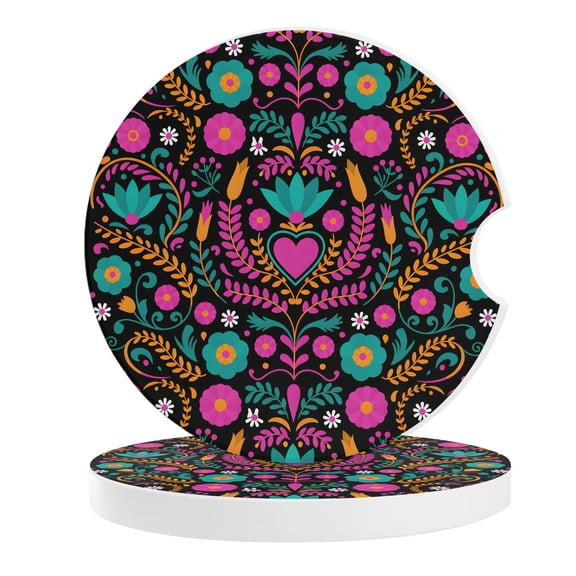 Colorful Mexico Car Coasters for Cup Holders Set of 2 Absorbent, 2.56" Ceramic Drinks Cupholder Coasters with Finger Notch Modern Abstract Flowers Leaf Orange Pink Auto Interior Accessories for Women