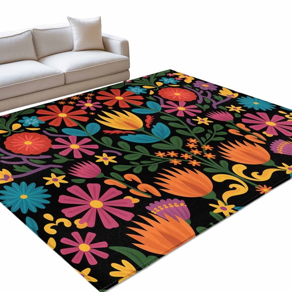 Colorful Mexico Floral 6x9ft Non Slip Area Rug Abstract Yellow Orange Daisy Flowers Washable&nbsp;Soft Area Rugs for Living Room, Indoor&nbsp;Circle Carpet for Bedroom Dining Room Kitchen