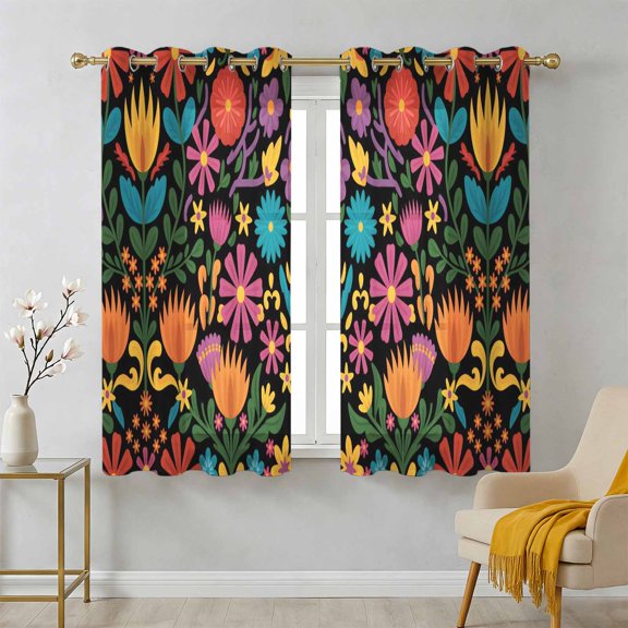 Colorful Mexico Floral Sheer Curtains 39 Inch Long 2 Panels, Abstract Yellow Orange Daisy Flowers Light Filtering Semi Sheer Drapes Grommet Voile Window Curtain for Living Bedroom W27.9 x L39