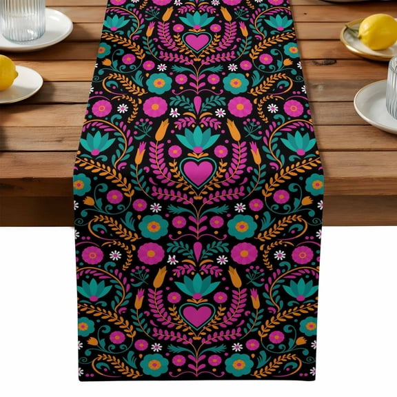 Colorful Mexico Floral Table Runner, Abstract Pink Orange Green Flower Texture Washable Kitchen Table Runners Dress Scarves for Dining Table Decorations Party, 13x108in