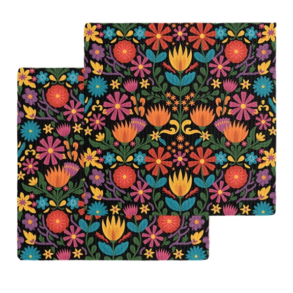 Colorful Mexico Kitchen Dish Towels for Drying Dishes Set of 2, Modern Abstract Flowers Leaf Orange Green Waffle Weave Microfiber Hand Tea Bathroom Towels Quick Dry & Absorbent Towel 12x12