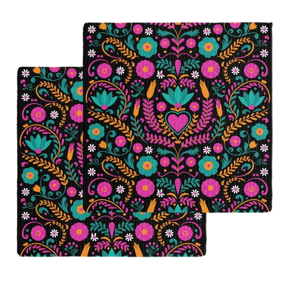 Colorful Mexico Kitchen Dish Towels for Drying Dishes Set of 2, Modern Abstract Flowers Leaf Orange Pink Waffle Weave Microfiber Hand Tea Bathroom Towels Quick Dry & Absorbent Towel 12x12