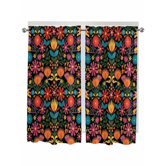 Colorful Mexico Living Room Curtains 2 Panel, Modern Abstract Flowers Leaf Orange Green Cafe Window Treatment, Extra Long Farmhouse Bedroom Bathroom Kitchen Curtains Drapes 104"x72"
