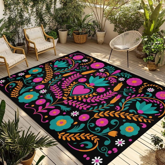 Colorful Mexico Outdoor Rug for Patio/Deck/Porch, Non-Slip Large Area Rug 4 x 6 Ft, Modern Abstract Flowers Leaf Orange Pink Indoor Outdoor Rugs Washable Area Rugs, Camping Rug Carpet Runner