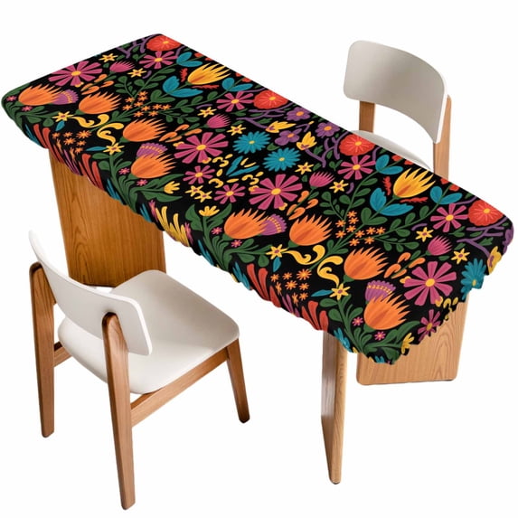 Colorful Mexico Table Cloths for 8 Foot Rectangle Tables, Modern Abstract Flowers Leaf Orange Green Patio Waterproof Elastic Fitted Tablecloths, Washable Rectangular Table Cover for Camping