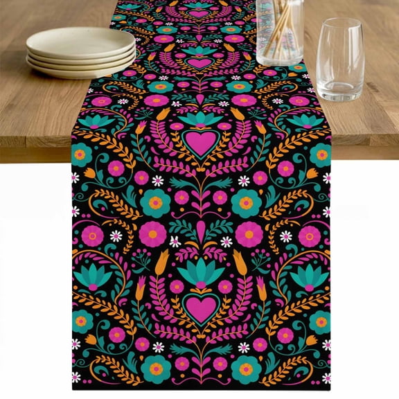 Colorful Mexico Table Runner - 36 Inch Long Modern Abstract Flowers Leaf Orange Pink Cotton and Linen Blended Dress Scarves Farmhouse Table Runner for Kitchen Dining, Coffee Table, 13" x 36"