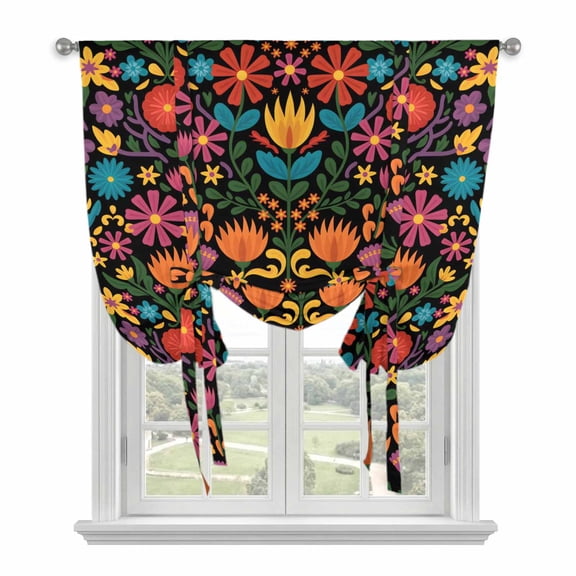 Colorful Mexico Tie Up Curtains for Window, Thermal Insulated Balloon Shade Adjustable Rod Pocket Curtains Valance Panels for Kitchen Bathroom Cafe 34 x 45 Modern Abstract Flowers Leaf Orange Green