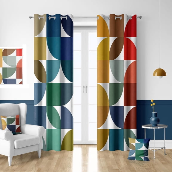 Colorful Mid Century Modern Blackout Curtains, Boho Abstract Geometric Retro Curtains for Bedroom, Rainbow Unique Pattern Decor Insulated Shading Room Window Drapes 2 Panels Set, 52Wx84L