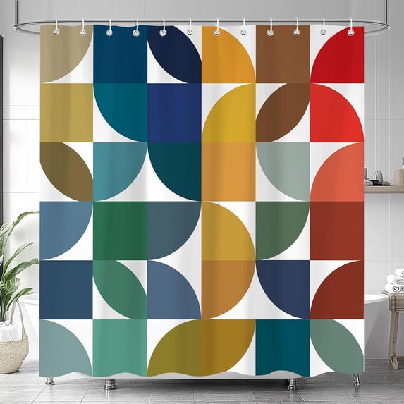 Colorful Mid Century Modern Shower Curtain, Boho Abstract Geometric Retro Art Shower Curtains for Bathroom, Rainbow Unique Cute Pattern Polyester Fabric with Hooks 54"W x 78"L (Pack of 1)