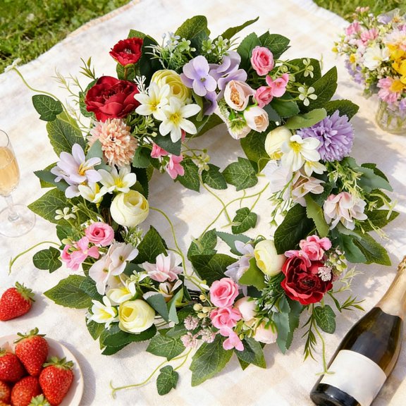 Colorful Mixed Artificial Flower Wreath Full Lush Floral Wreath Ideal For Front Door Wall Indoor Outdoor Home Party And Holiday Decor