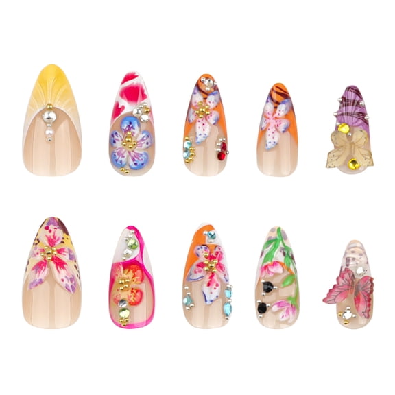 Colorful Mixed Floral Butterfly Press on Nails, Long Almond Glossy Artificial Nails with Rhinestone Metal Bead Accent, 10 Count