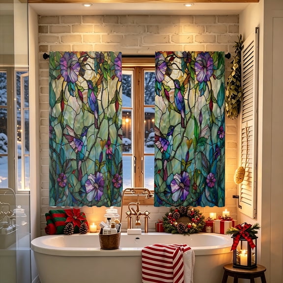 Colorful Mixed Floral Stained Glass Print Polyester Curtain, multiple sizes, home decor for bedroom kitchen