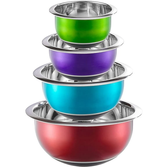Colorful Mixing Bowl- 4 Pc Set- Stackable Nesting Bowls- Stainless Steel Mixing Bowls Non Slip Silicone Bottom- Cookware Set