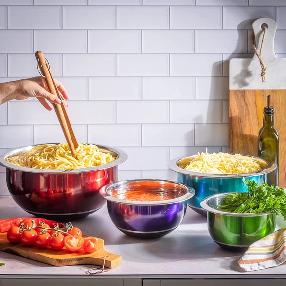 Colorful Mixing Bowl- 4 Pc Set- Stackable Nesting Bowls- Stainless Steel Mixing Bowls Non Slip Silicone Bottom- Cookware Set