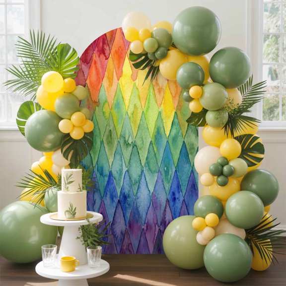 Colorful Modern Geometric Arch Backdrop Cover, 5FT, Watercolor Rainbow Diamond Pattern Spandex Arch Covers Double-Sided Backdrop for Wedding Birthday Party Photo Background Decoration