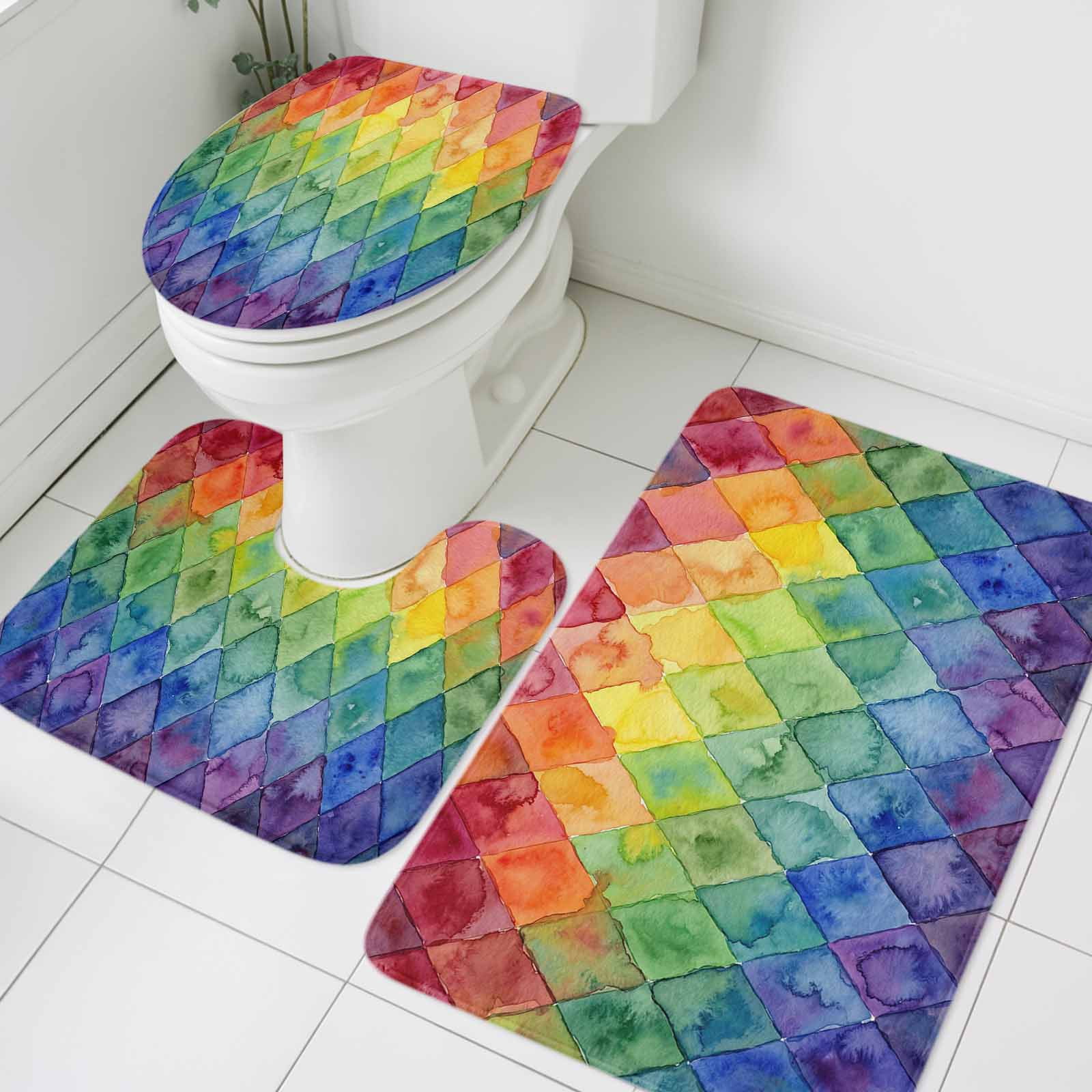 Colorful Modern Geometric Bathroom Rugs Set Watercolor Rainbow Diamond ...