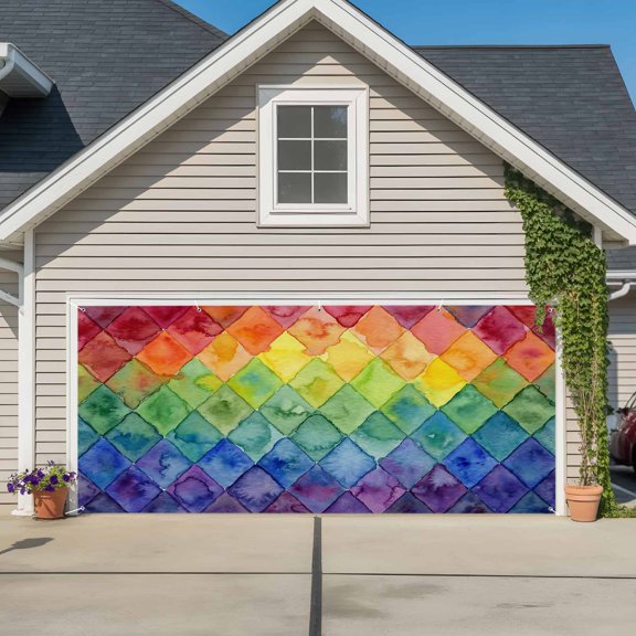 Colorful Modern Geometric Garage Door Banner Covers, Watercolor Rainbow Diamond Pattern Large Hanging Indoor/Outdoor Backdrop Background for Christmas Winter Party Decor, 6.9x16ft