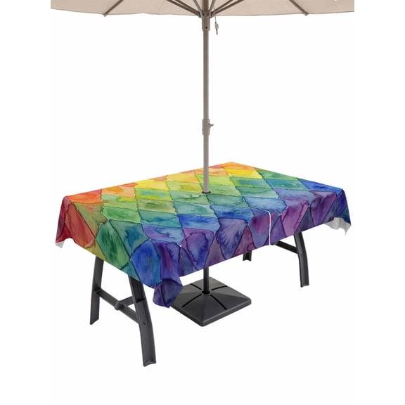 Colorful Modern Geometric Rectangle Outdoor Tablecloth with Umbrella Hole Watercolor Rainbow Diamond Pattern 60x84 Inch Waterproof Table Cover Zippered Table Cloth for Garden Patio