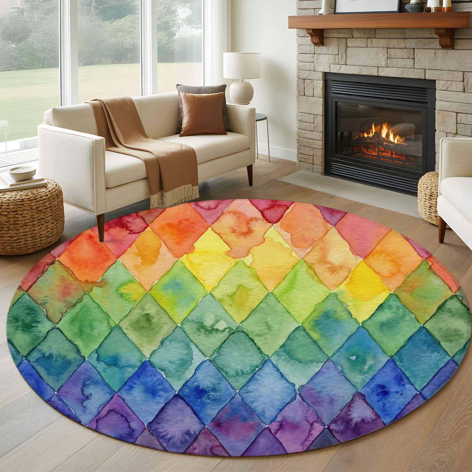 Colorful Modern Geometric Round Rugs for Living Room 6ft Watercolor ...