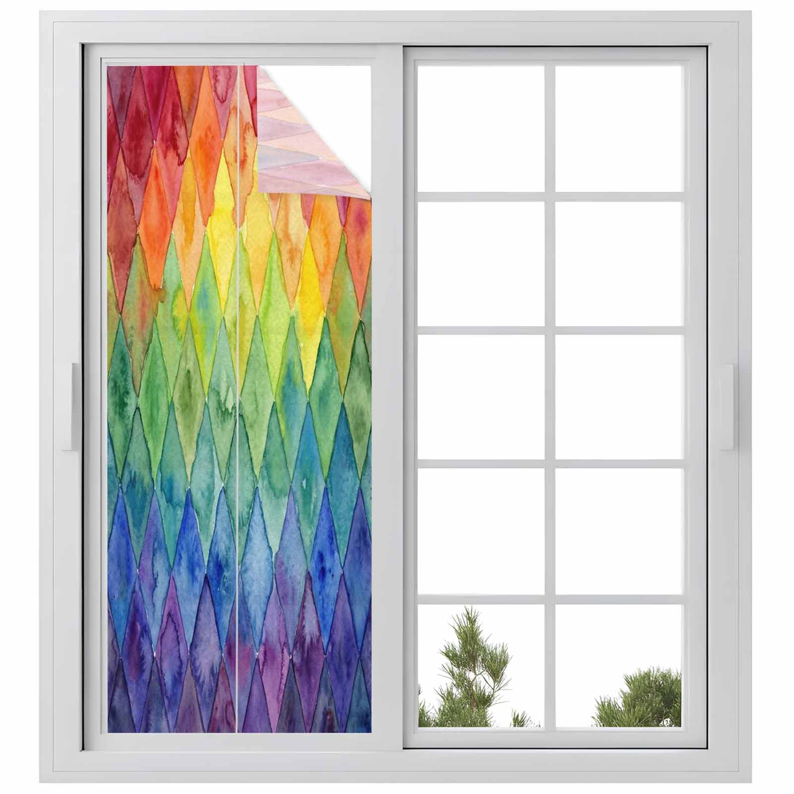 Colorful Modern Geometric Window Privacy Film, Watercolor Rainbow Diamond Pattern Frosted Glass Window Clings Static Cling UV Heat Blocking Reusable Door Sticker for Bathroom 23.6 x 59 Inch