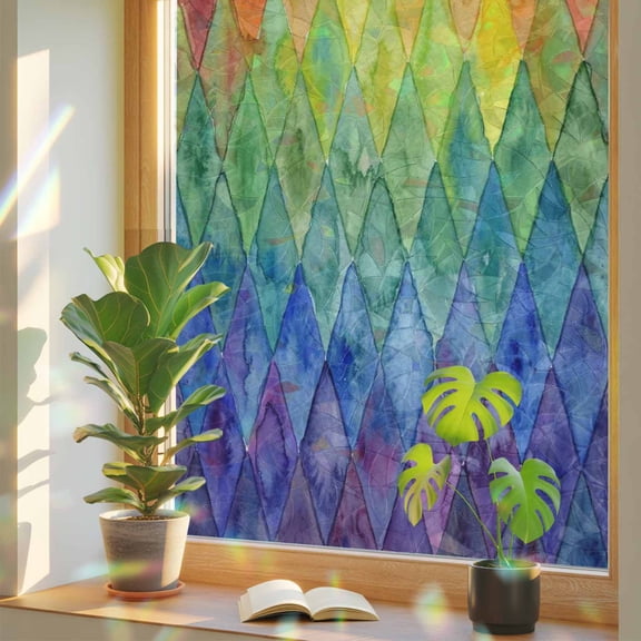 Colorful Modern Geometric Window Privacy Film, Watercolor Rainbow Diamond Pattern Stained Glass Rainbow Film Decorative Window Clings, Static Cling Sun Blocking Stickers 23.6" x 59"