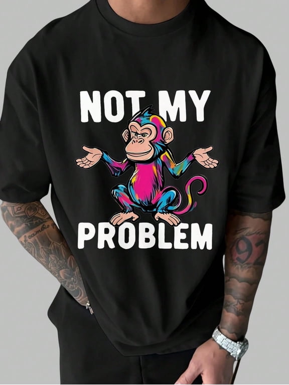 Colorful Monkey "Not My Problem" Graphic T-Shirt - Funny Casual Men'S Tee With Cartoon Monkey Design| Street Style Fashion| Soft Cotton Fabric| Regular Fit Short Sleeve Shirt Casual Attire