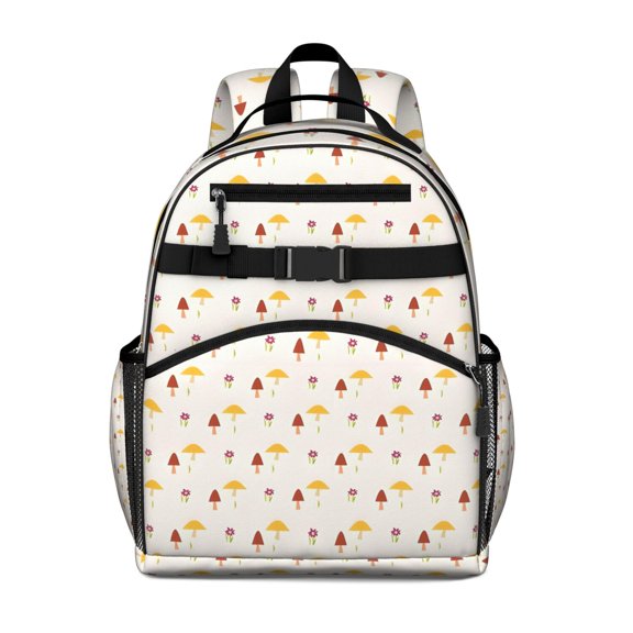 Yellow Brown Mushroom Small Flower White Pattern Backpack for School,Cute School Bag,Schoolbag with Adjustable Shoulder Straps & Padded Back,15.25"x11.5"x5.25"