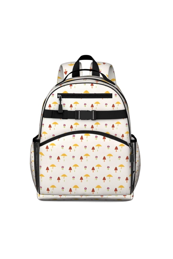 Yellow Brown Mushroom Small Flower White Pattern Backpack for School,Cute School Bag,Schoolbag with Adjustable Shoulder Straps & Padded Back,15.25"x11.5"x5.25"