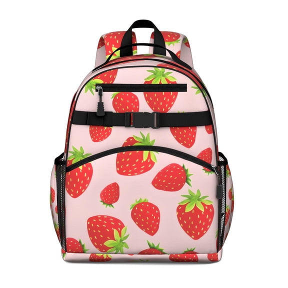 Red Strawberry Plants Fruit Pink Pattern Backpack for School,Cute School Bag,Schoolbag with Adjustable Shoulder Straps & Padded Back,15.25"x11.5"x5.25"