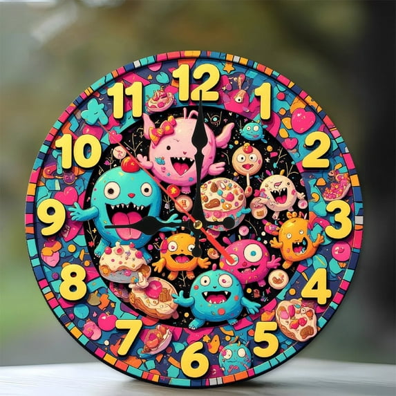Colorful Monster Clock Wall Decor Cute Cartoon Art 10-Inch Silent Wooden Wall Clock, Battery Operated (AA Batteries Not Included), Artistic Home Decor