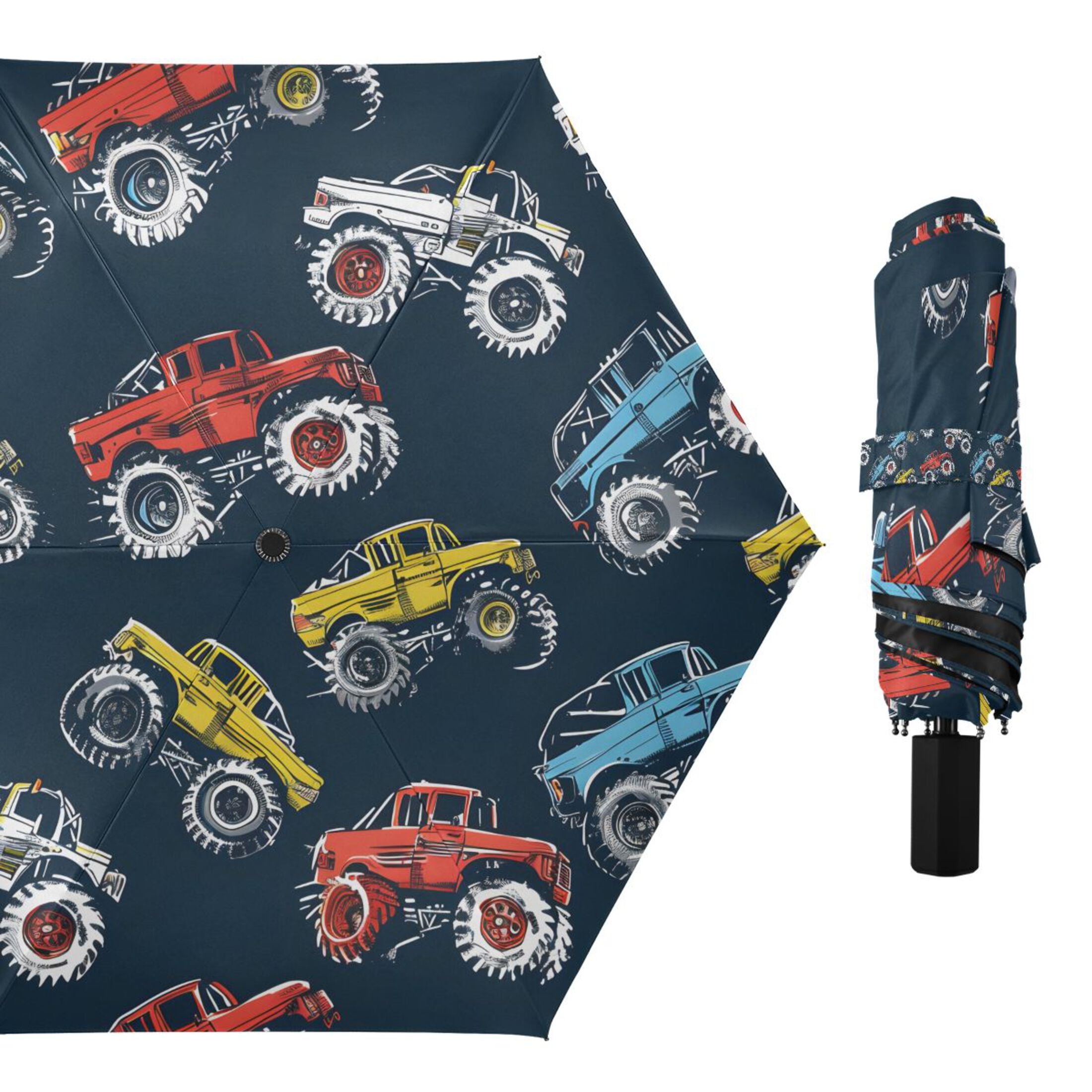 Colorful Monster Trucks Compact Sun Umbrella Windproof Travel Umbrellas for Rain Strong Portable UV Protection