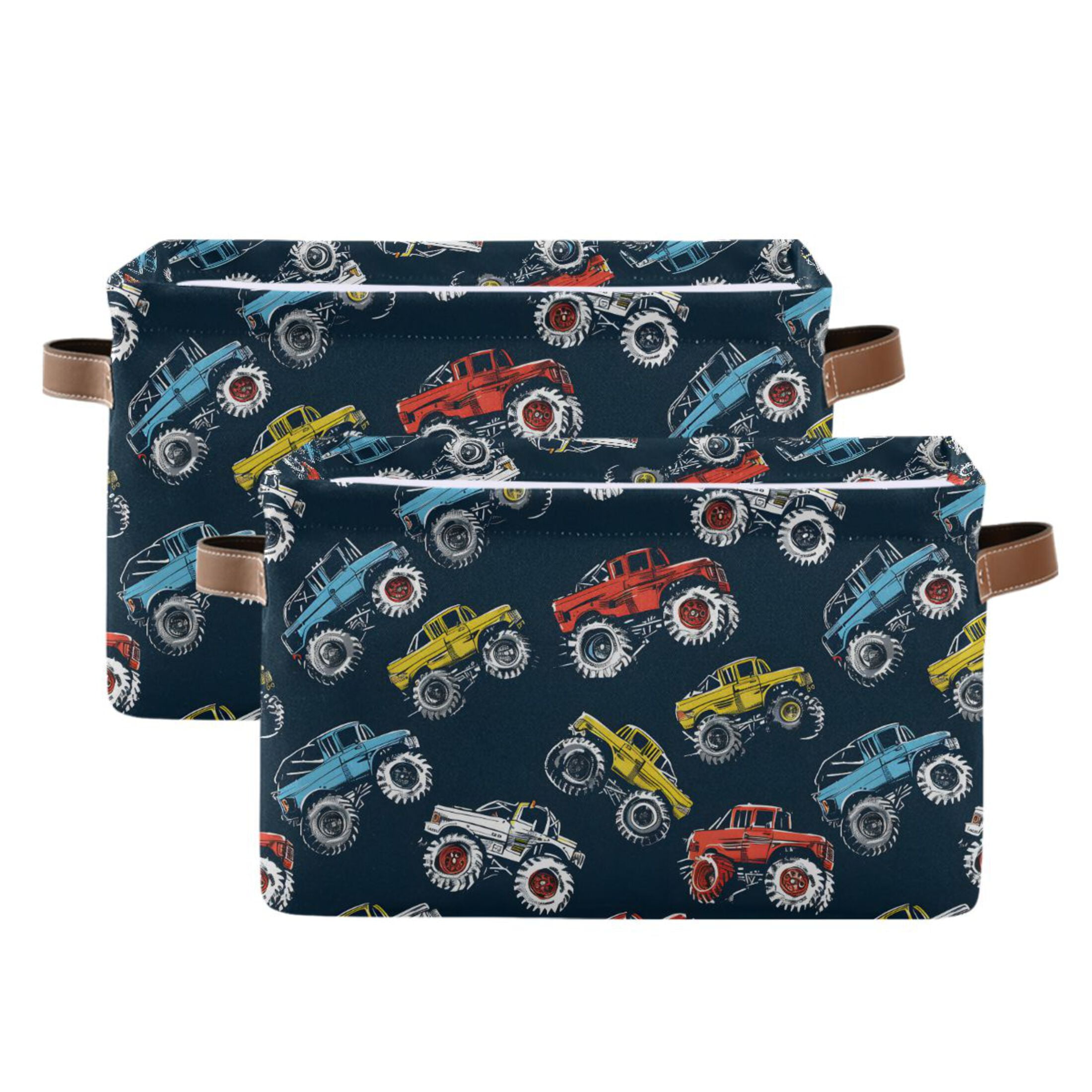 Colorful Monster Trucks Storage Bins with Handle Fabric Organizer Basket Foldable Box 2 Pack 14.2x10.2x8.3