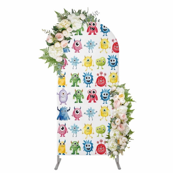 Colorful Monsters Arch Backdrop Cover 4FT, Abstract Cartoon Cute Artistic Funny Spandex Fitted Stretchy Arch Stand Covers, Round Top Chiara Backdrop Cover for Wedding Party Birthday Baby Shower
