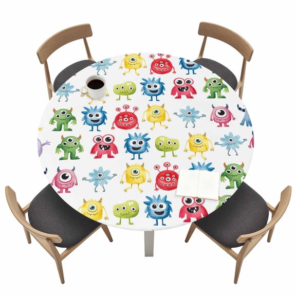 Colorful Monsters Fitted Tablecloth with Elastic Edged, Round Table Cloth for Dining Table, Abstract Cartoon Cute Artistic Funny Waterproof Oil Proof Table Cover for Indoor Outdoor 36"-44"